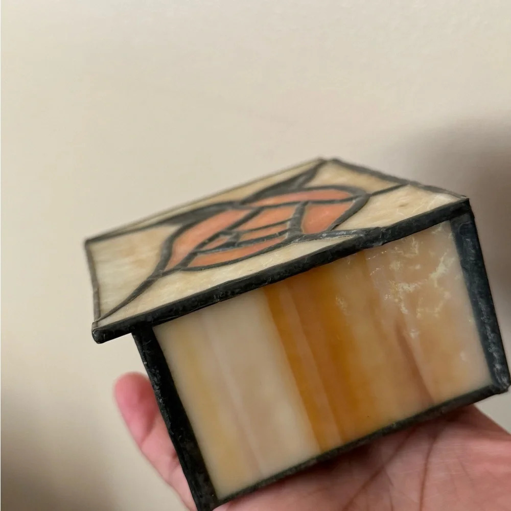 VTG Stained Glass Trinket Box Lovely‎ Tiffany Style Orange Rose Flower 4.5x4” T